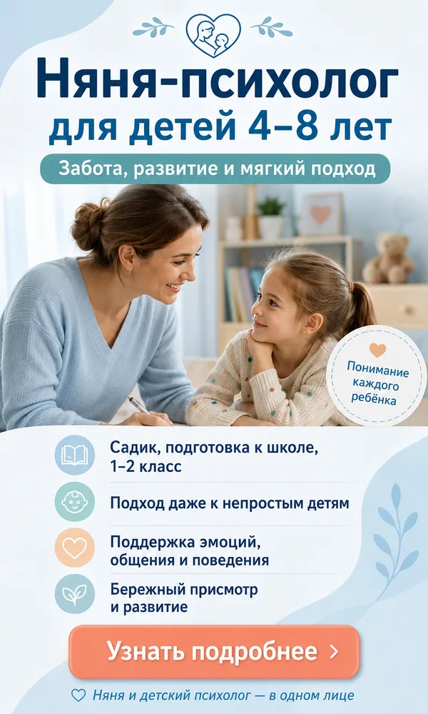 Рекламный баннер: няня-психолог для детей 4–8 лет